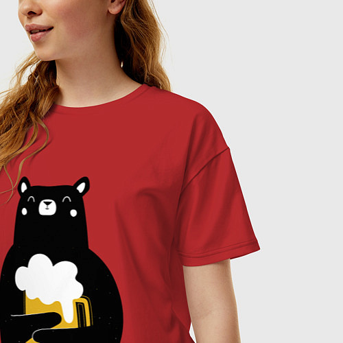 Женская футболка оверсайз Мишка с кружкой пива / Красный – фото 3