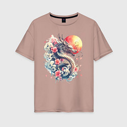 Футболка оверсайз женская Японский дракон на фоне солнца и цветки сакуры, цвет: пыльно-розовый