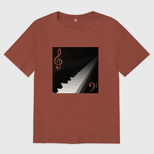 Женская футболка оверсайз Скрипичный и басовый ключи с клавиатурой фортепиан / Кирпичный – фото 1