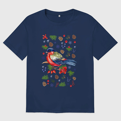 Женская футболка оверсайз Снегирь на ветке зимой / Тёмно-синий – фото 1