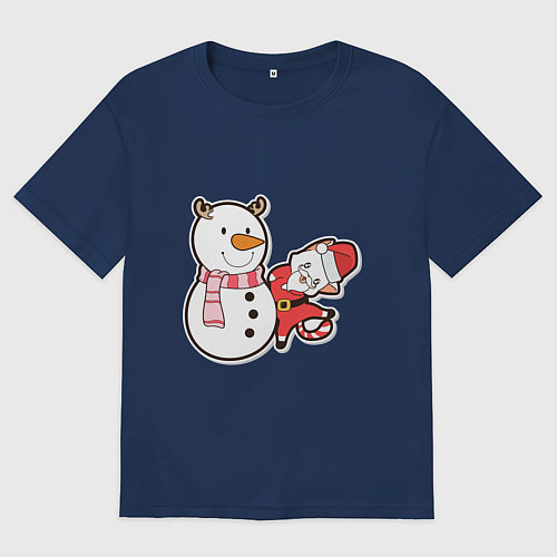 Женская футболка оверсайз Новогодние котики / Тёмно-синий – фото 1