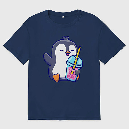 Женская футболка оверсайз Пингвин с напитком / Тёмно-синий – фото 1