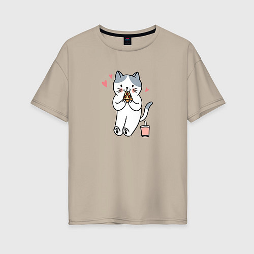 Женская футболка оверсайз Кот с пиццей / Миндальный – фото 1