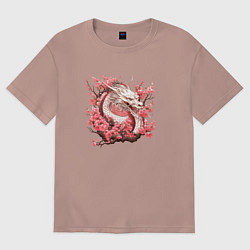 Футболка оверсайз женская Драконы и сакура, цвет: пыльно-розовый