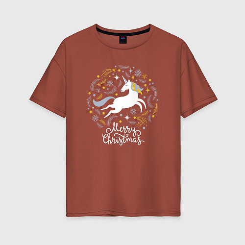 Женская футболка оверсайз Unicorn christmas / Кирпичный – фото 1