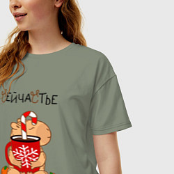 Футболка оверсайз женская Капибара и кружка с оленем: сейчастье, цвет: авокадо — фото 2