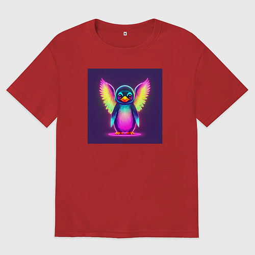 Женская футболка оверсайз Неоновый пингвин с крыльями / Красный – фото 1