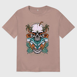 Футболка оверсайз женская Череп волны пальмы, цвет: пыльно-розовый