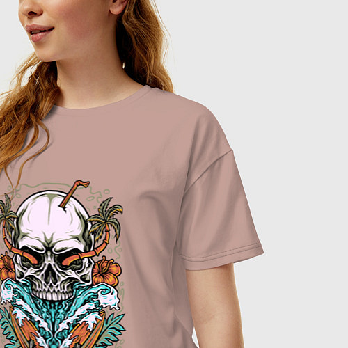 Женская футболка оверсайз Череп волны пальмы / Пыльно-розовый – фото 3
