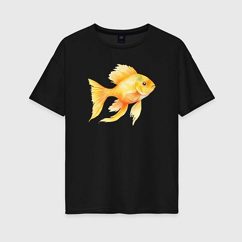 Женская футболка оверсайз Желтая золотая рыбка - акварель / Черный – фото 1