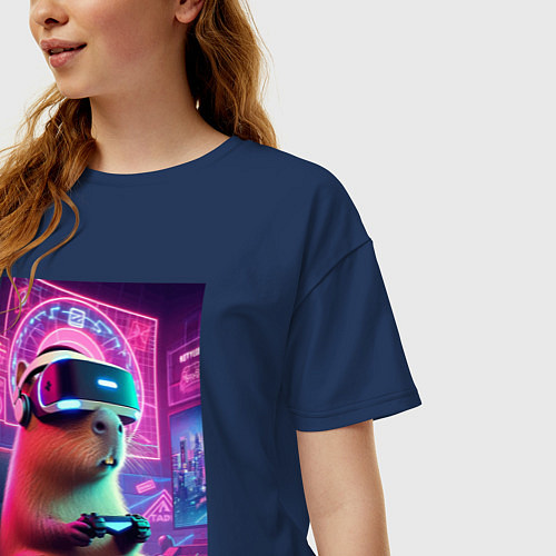 Женская футболка оверсайз Каппи в виртуальном шлеме / Тёмно-синий – фото 3