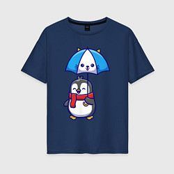 Женская футболка оверсайз Пингвин с кошачим зонтом