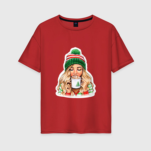 Женская футболка оверсайз Уютный рождественский кофе / Красный – фото 1