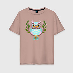Женская футболка оверсайз Сова яркая птица на ветке с листьями