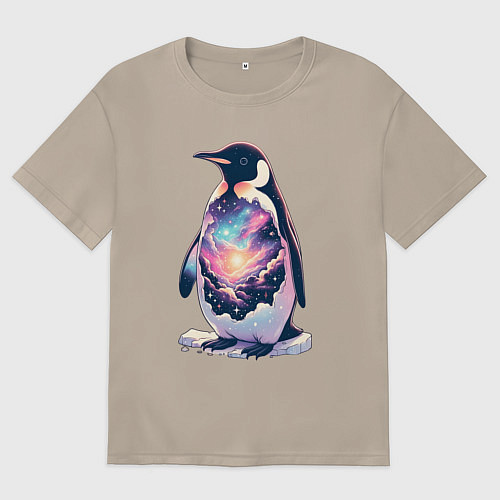 Женская футболка оверсайз Пингвин с космосом / Миндальный – фото 1