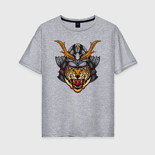 Женская футболка оверсайз Тигр в шлеме кабуто / Меланж – фото 1