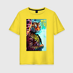 Женская футболка оверсайз Модный тигр - неон