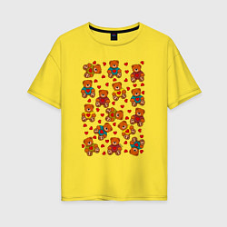 Футболка оверсайз женская Мишки в цветных свитерах и сердечки, цвет: желтый