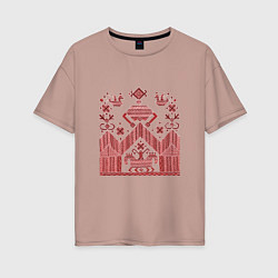 Женская футболка оверсайз Красные славянская узоры вышивки