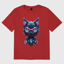 Футболка оверсайз женская Прикольный котёнок - киберпанк, цвет: красный