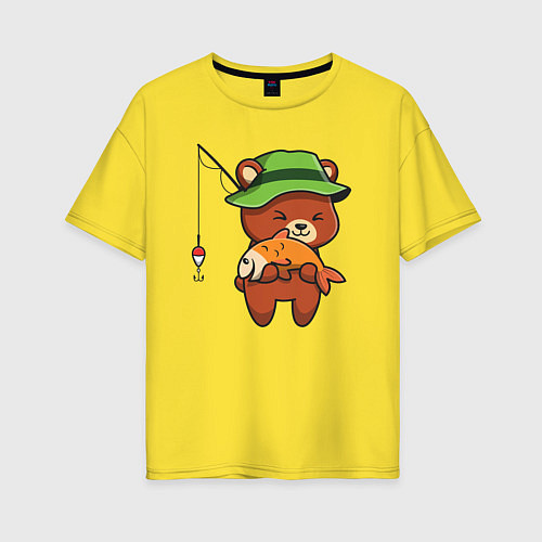 Женская футболка оверсайз Мишка рыбак / Желтый – фото 1