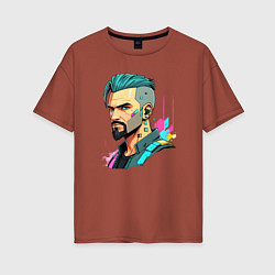 Женская футболка оверсайз Портрет мужчины с бородой Cyberpunk 2077
