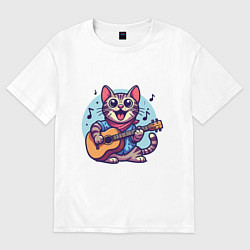 Футболка оверсайз женская Полосатый кот играет на гитаре, цвет: белый