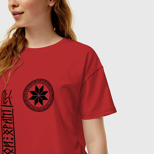 Женская футболка оверсайз Символ алатырь - лес мой храм / Красный – фото 3