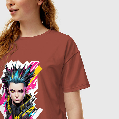 Женская футболка оверсайз Портрет девушки Cyberpunk 2077 / Кирпичный – фото 3