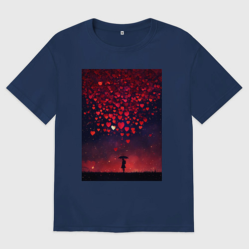 Женская футболка оверсайз Дождь из гранатовых сердечек / Тёмно-синий – фото 1