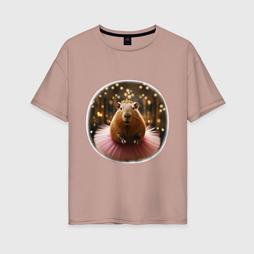 Женская футболка оверсайз Мем капибара балерина танцует в розовой юбке / Пыльно-розовый – фото 1