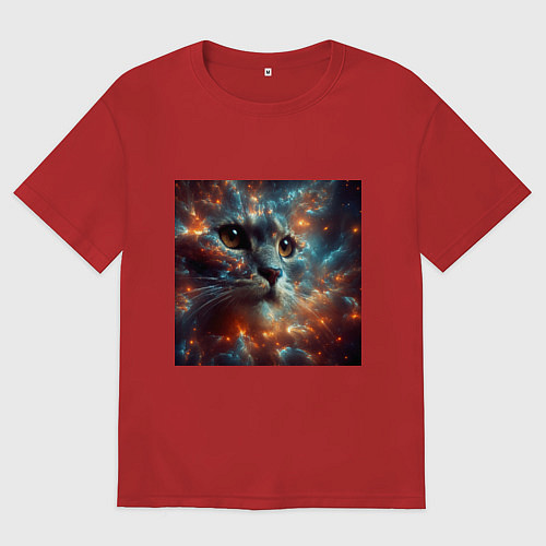 Женская футболка оверсайз Портрет кота в космической туманности / Красный – фото 1