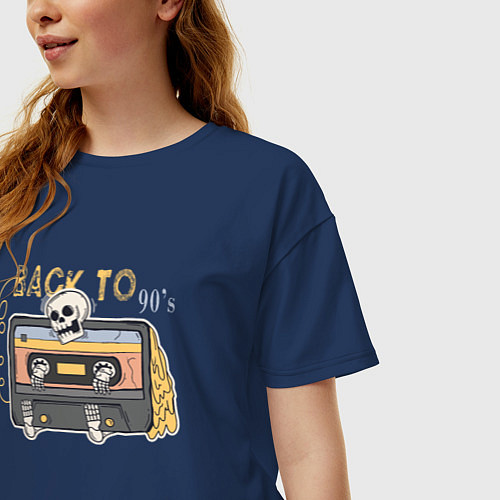 Женская футболка оверсайз Скелет и кассета назад в 90е / Тёмно-синий – фото 3