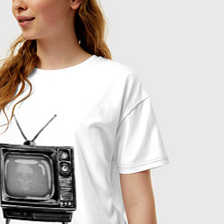 Футболка оверсайз женская Старый телевизор черно-белый шум и череп, цвет: белый — фото 2