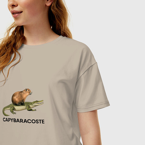 Женская футболка оверсайз Капибара на крокодиле пародия / Миндальный – фото 3