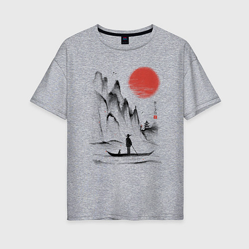 Женская футболка оверсайз Традиционный японский пейзаж с рыбаком и горами / Меланж – фото 1