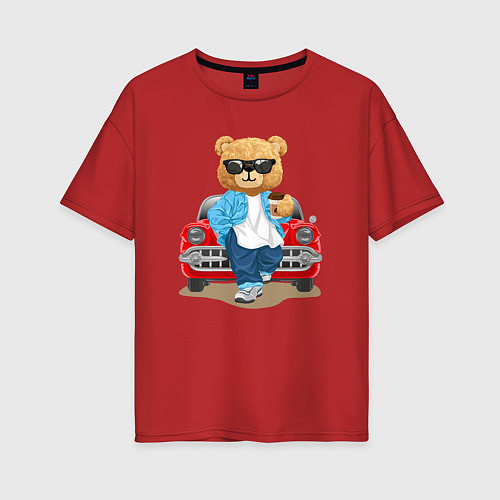 Женская футболка оверсайз Плюшевый медведь у автомобиля / Красный – фото 1