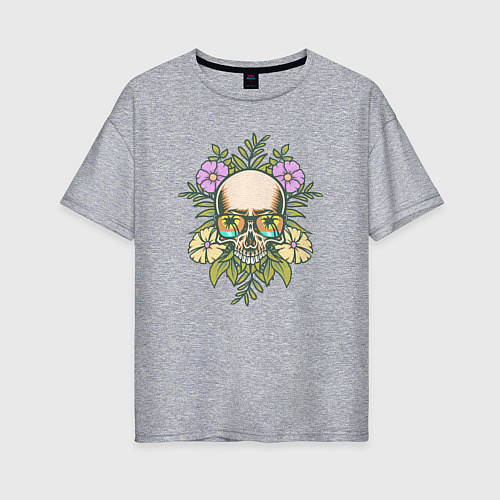 Женская футболка оверсайз Skull and flowers / Меланж – фото 1