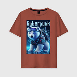 Женская футболка оверсайз Белый медвежонок в стиле киберпанк