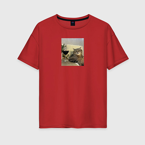 Женская футболка оверсайз Кот с бокалом / Красный – фото 1