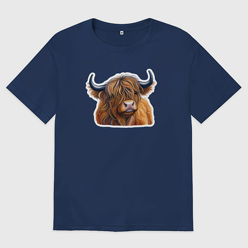 Женская футболка оверсайз Шотландский волосатый бык / Тёмно-синий – фото 1