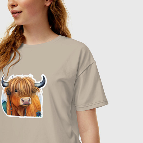 Женская футболка оверсайз Шотландский волосатый бык / Миндальный – фото 3