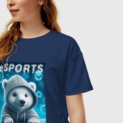 Женская футболка оверсайз Белый медвежонок - киберспорт / Тёмно-синий – фото 3