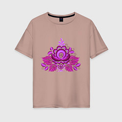 Женская футболка оверсайз Малиновый цветок и узоры гжель