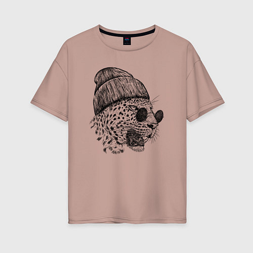 Женская футболка оверсайз Ягуар в шапке / Пыльно-розовый – фото 1