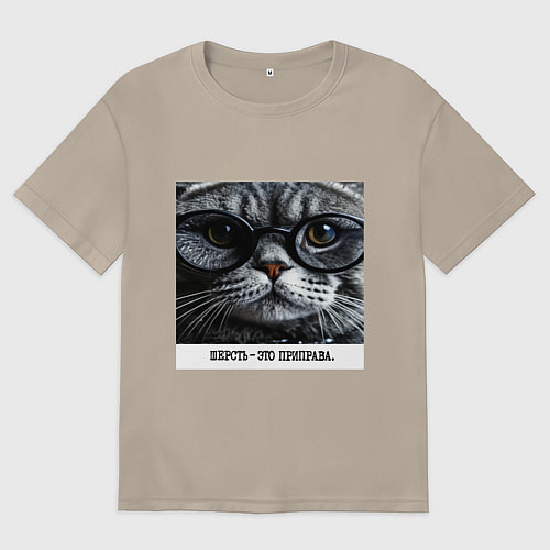 Женская футболка оверсайз Мем кот в очках: шерсть это приправа / Миндальный – фото 1