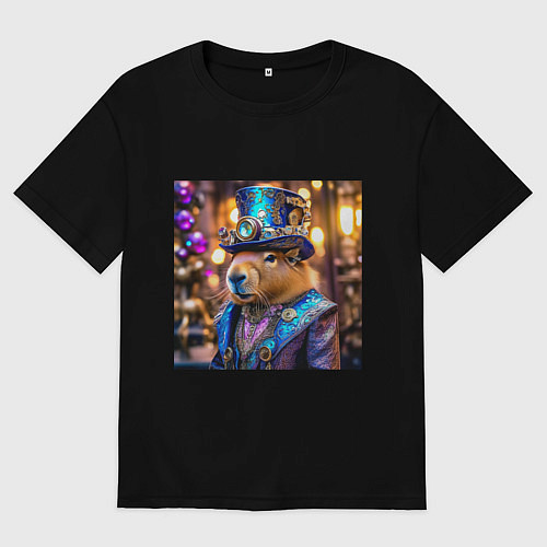 Женская футболка оверсайз Мем капибара в цилиндре стиль стимпанк / Черный – фото 1