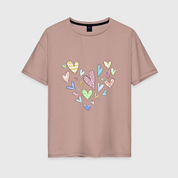 Женская футболка оверсайз Разноцветные сердечки в виде сердца