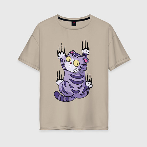 Женская футболка оверсайз Скользящий серый кот / Миндальный – фото 1