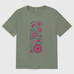 Футболка оверсайз женская Славянские символы солнца круги и птицы, цвет: авокадо